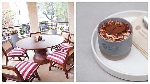 The verandah seating at Yours Truly (L); a classic tiramisu (R)