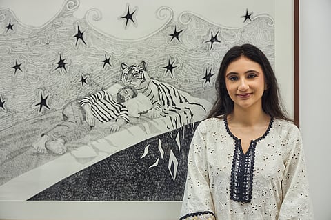 Saanthia Bulchandani’s first solo exhibition in Mumbai imagines domestic interiors with clouds and tigers