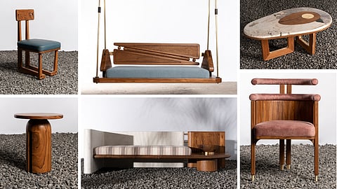 Modern furniture designs blending wood, concrete and brass