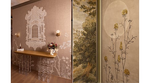 Sculpted wallpaper design with embossed floral patterns and subtle gold detailing