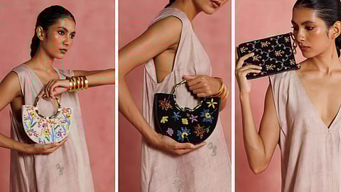 Collection of embroidered leather bags in muted, earthy shades