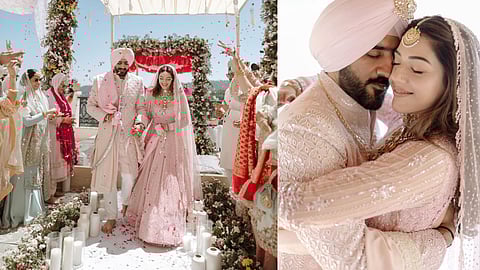 Mehreen Pirzada and her husband Arsh Aulukh ditched the usual reds, nudes or ivories to choose a matching blush pink wedding attire