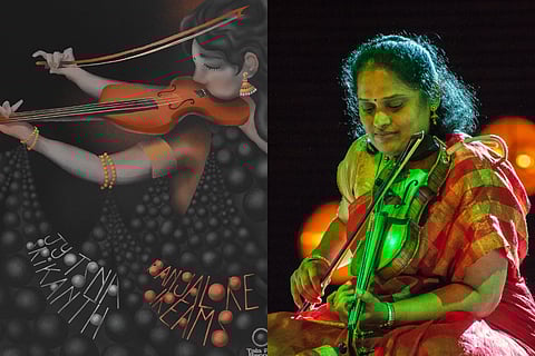 A composite image showing the 'Bangalore Dreams' EP artwork alongside a live performance photo of Carnatic violinist Jyotsna Srikanth.