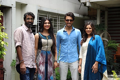 Director Abhishek Saha (extreme left) with actors Rajnandini Paul, Amartya Ray and Sudiptaa Chakraborty