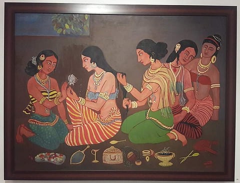 Nayika Vasavasajja preparing for her meeting with her lover (Tempera  on Masonite Board)