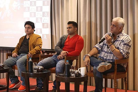 From left to right Ali Asgar,   Sachiin Joshi, and Bhushan Patel at the press conference of their  upcoming movie 'Amavas.'