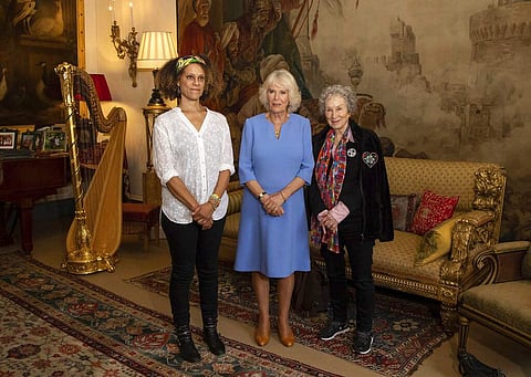 Camila The Duchess of Cornwall with Margaret Atwood and Bernardine Evaristo (Aaron Chown/PA via AP)