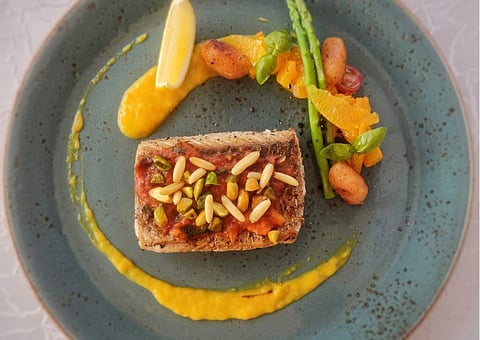 Grilled Sea bass with Pickled Pumpkin Puree, Toasted nuts