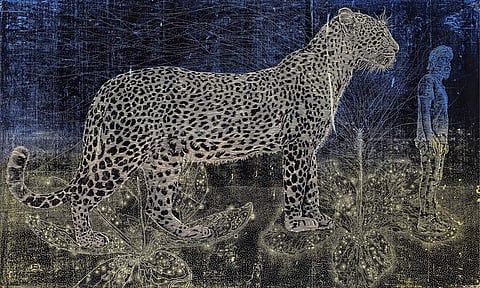 Prathap Modi, 'Silence, Space, Terrestrial', Woodcut print on Fabriano paper, 43 x 71 inches, 2016-17