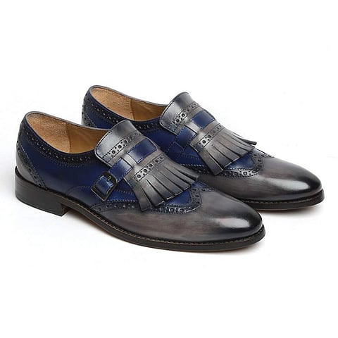 Blue leather fringed single monk-strap shoes
