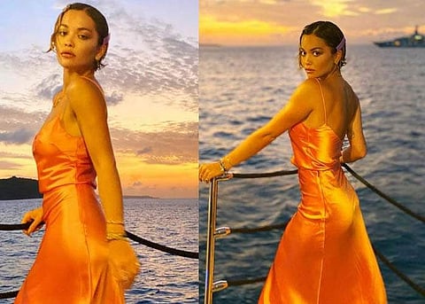 Singer Rita Ora posts ravishing pics in an orange satin gown from her getaway in St Barts