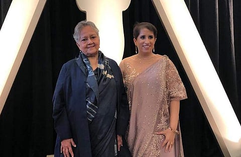 Guneet Monga (L) with her mother at the Oscars