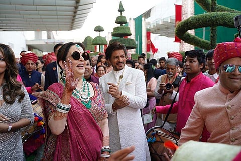 Shah Rukh Khan and Nita Ambani at the wedding festivities of Akash Ambani and Shloka Mehta (Photo: IANS)