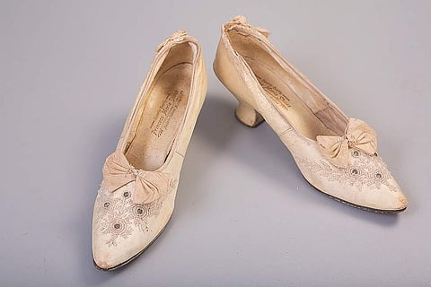 Princess Marie wedding shoes, Karachi 1913. Donated by Priscilla Santa Martha Sequeira. (Photo: Dnyanesh Moghe, Vinsan Academy of Film and Media/Courtesy: Moda Goa Museum)