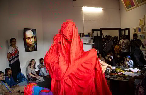 Kochi-Muziris Biennale 2018 artist Aryakrishnan R gives a performance at the festival's main venue of Aspinwall House in Fort Kochi. All images courtesy Kochi Biennale Foundation.
