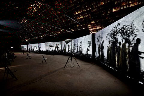 William Kentridge, More Sweetly Play the Dance (2015) at the Laboratory, Aspinwall House, Kochi-Muziris Biennale 2018. All images courtesy Kochi Biennale Foundation.