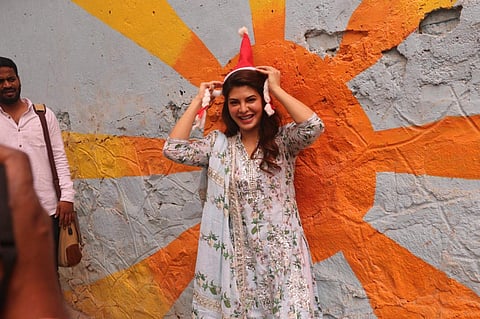 Mumbai: Actress Jacqueline Fernandez during Christmas celebrations in Mumbai's Bandra, on Dec 24, 2018. (Photo: IANS)