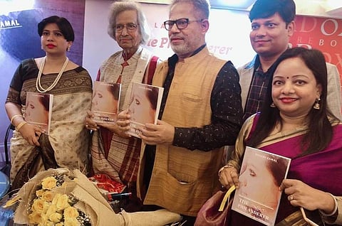 Dr Rashmi Kamal at the book launch, with artist Jogen Chowdhary and writer Subodh Sarkar, along with friends and colleagues
