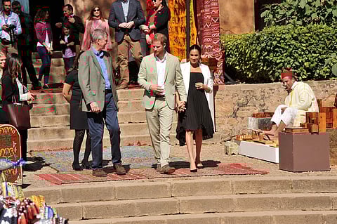 February 25, 2019: Prince Harry and his wife Meghan meet local artisans and young social entrepreneurs in the Andalusian Gardens in Rabat, Morocco. (Xinhua/IANS)