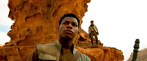 This image released by Lucasfilm Ltd. shows John Boyega as Finn in a scene from 'Star Wars: Episode IX.' (Lucasfilm Ltd. via AP)