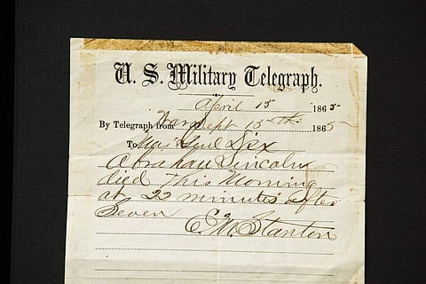 A handwritten notification of President Abraham Lincoln's death is being offered for sale by Raab Collection in Ardmore, Pa. (AP Photo/Matt Rourke)