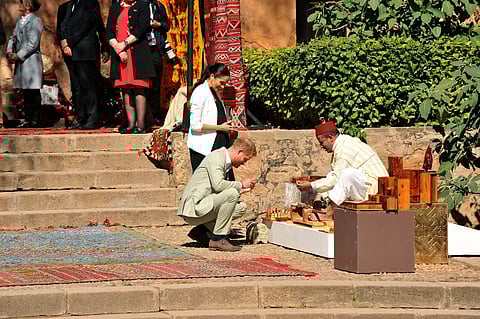 February 25, 2019: Prince Harry and his wife Meghan meet local artisans and young social entrepreneurs in the Andalusian Gardens in Rabat, Morocco. (Xinhua/IANS)