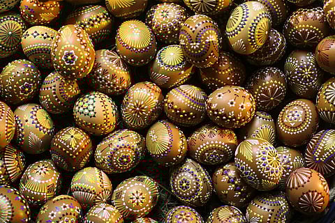 Easter eggs at a traditional Easter Market of Germany's Sorb minority in the village Neuwiese, near Hoyerswerda in east Germany, April 14, 2019. (AP Photo/Markus Schreiber)