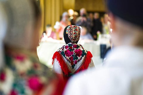Children dressed in traditional Sorb clothes perform at an Easter Market of Germany's Sorb minority in the village Neuwiese, in east Germany. (AP Photo/Markus Schreiber)
