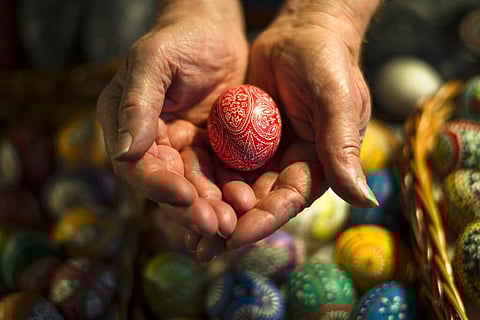 A tiny Slavic minority in Germany is keeping alive a long, intricate tradition of hand-painting Easter eggs with knivees, feathers and wax. (AP Photo/Markus Schreiber)