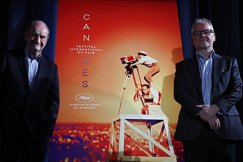 Festival director Thierry Fremaux and festival president Pierre Lescure pose at the Cannes International Film Festival. (AP Photo/Francois Mori)