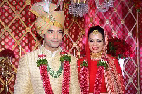Mumbai: Newlywed-couple television actor Sharad Malhotra and Delhi-based fashion designer Ripci Bhatia during their wedding celebrations, in Mumbai, on April 20, 2019. (Photo: IANS)