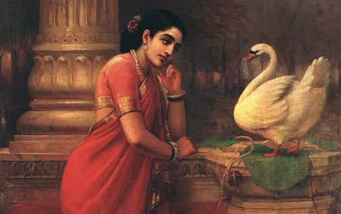 Damayanti and Hamsam painting by Raja Ravi Varma