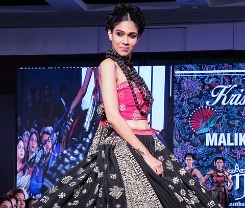 A Kantha embroidered skirt and crop top