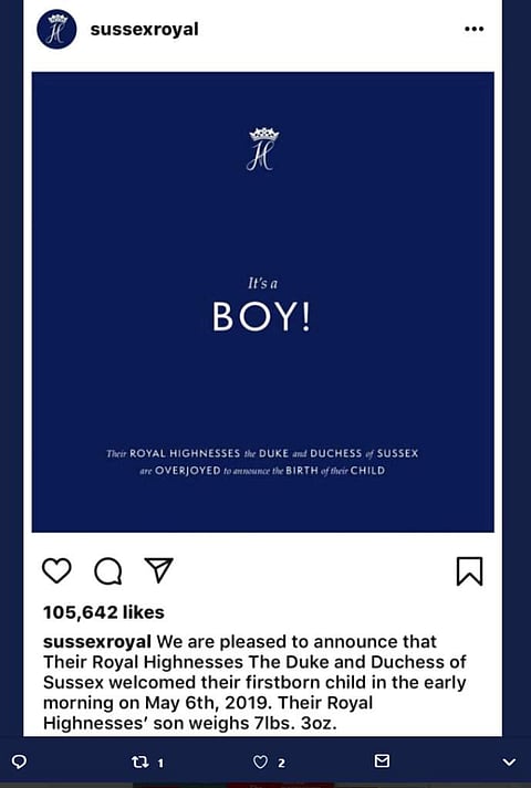 This image taken from the Instagram feed of Sussex Royal on Monday May 6, 2019, shows the announcement of Meghan, Duchess of Sussex giving birth to a baby boy. (@sussexroyal via AP)