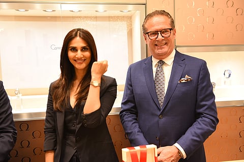 Actor Vaani Kapoor with Jean Claude Monachon, Vice President, Product, OMEGA (HQ) at UB City