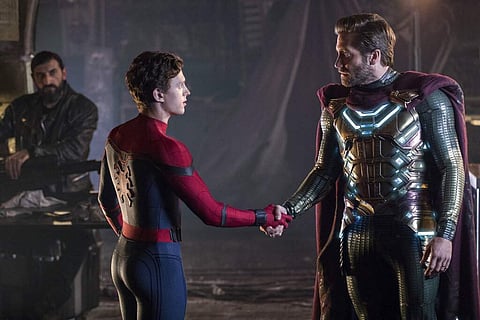 Sony Pictures image shows Numan Acar, Tom Holland & Jacky Gyllenhaal in a scene from Spider-Man: Far From Home (Jay Maidment/Columbia Pictures/Sony via AP)
