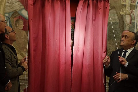 Unveiling of 'Vase of Flowers' by Jan van Huysum, at the Pitti Palace, Uffizi Galleries, in Florence, Italy. Germany returned the Dutch painting after it was stolen in WWII. (AP Photo/Gregorio Borgia)