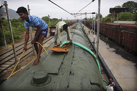 A train carrying drinking water at Jolarpet railway station (AP Photo/Manish Swarup)