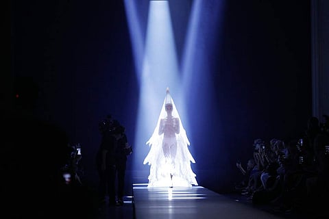 A model wears a creation for the Jean Paul Gaultier Haute Couture Fall-Winter 2020 fashion collection presented in Paris, Wednesday, July 3 2019. (AP Photo/Kamil Zihnioglu)