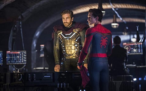 Sony Pictures image shows Jake Gyllenhaal and Tom Holland in a scene from Spider-Man: Far From Home (Jay Maidment/Columbia Pictures/Sony via AP)