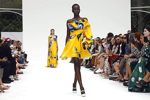 The Carolina Herrera collection is modeled during Fashion Week, in New York, Monday, Sept. 9, 2019. (AP Photo/Richard Drew)