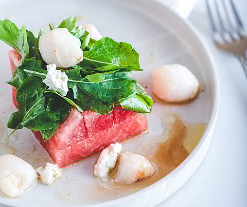 Compressed Watermelon and Lychee Salad