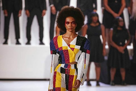 The Pyer Moss collection is modeled during Fashion Week, Sunday, Sept. 8, 2019 in New York. (AP Photo/Kevin Hagen)