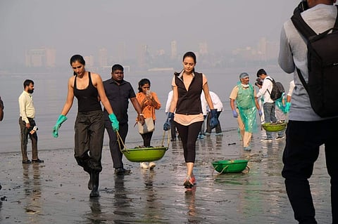 Celebs on a clean-up drive at Mahim Beach, Mumbai (Photo: IANS)