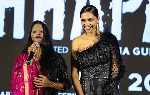 Jan 03 (PTI): Deepika Padukone with Laxmi Agarwal during the launch of title track of film Chhapaak. The film, directed by Meghna Gulzar, is based on the life of Laxmi Agarwal. (PTI Photo)