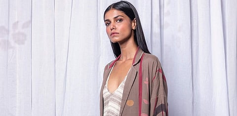 Hand woven khadi cotton jamdani dress with Beige drop shoulder trench overlay