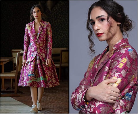 Bringing the grandeur of handwoven silk brocades to the forefront, designer Suket Dhir designed a line of separates for Lakmé Fashion Week 2020 Digital First Season Fluid Edition.