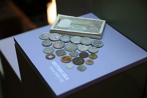 Currency notes and coins on display at the museum