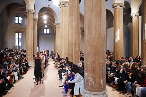 Salvatore Ferragamo women's Fall-Winter 2020-21 collection (AP Photo/Antonio Calanni)