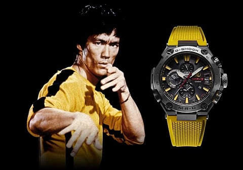 MR-G x Bruce Lee: Casio G-Shock limited edition watch in homage to Bruce Lee in Game of Death. Ultra-durable with titanium case & bezel, sapphire glass crystal. Also has Lee's signature. INR 2.9 lakh.